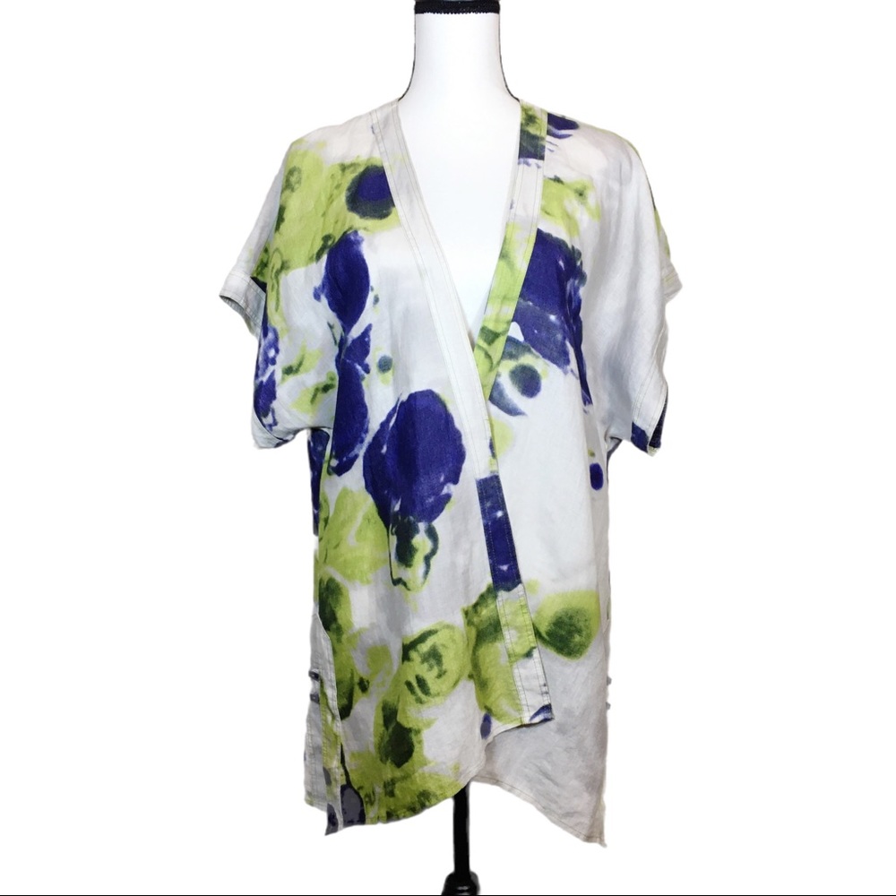 IC by Connie K Abstract Lagenlook Linen Open Front Cardigan Size Large